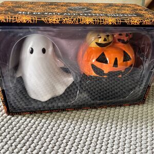 Halloween Cobwebs & Cauldrons Ghost/Pumpkin Ceramic 4" Salt/Pepper Shakers #H